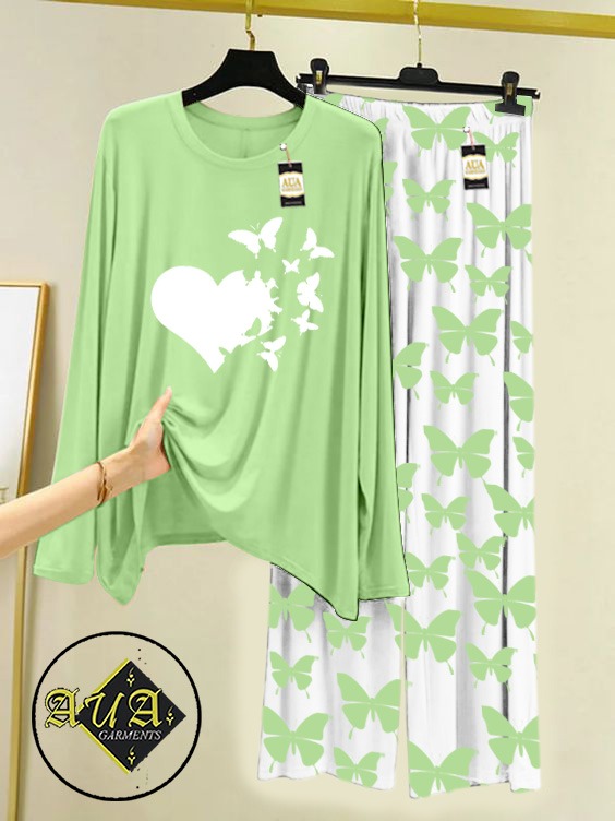 Butterfly Heart Printed Nightwear Set with Butterfly Printed Trousers – Women's Lounge Wear (003)