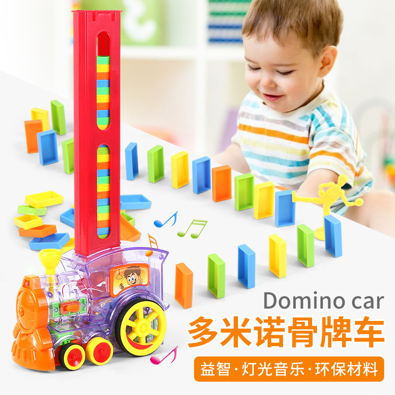 Automatic domino train Brick Laying Toy Train Domino Train Set with 60 PCS Domino Blocks toy for kids DIY Educational Toys For Children Fun and Colorful Train Engine With Light Sound Children's Toys For Gifting