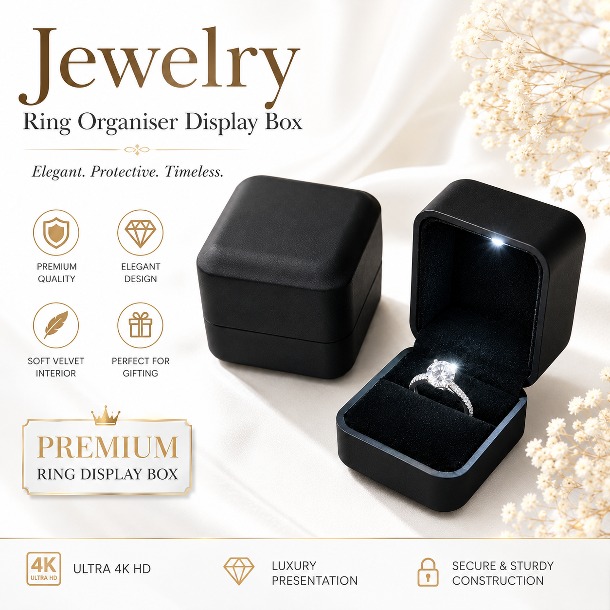 LED Light Ring Box, Luxury Black Jewelry Box, Premium Velvet Ring Holder Case, Engagement Ring Box, Wedding Proposal Ring Box, Marriage & Anniversary Gift Box, Diamond Ring Display Case, Square Ring Organizer Storage Box with White LED Light