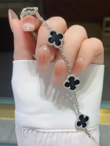 Leaf Women's Silver Bracelet, Sparkling Four Leaf Clover Bracelet, Elegant Luxury Bracelet