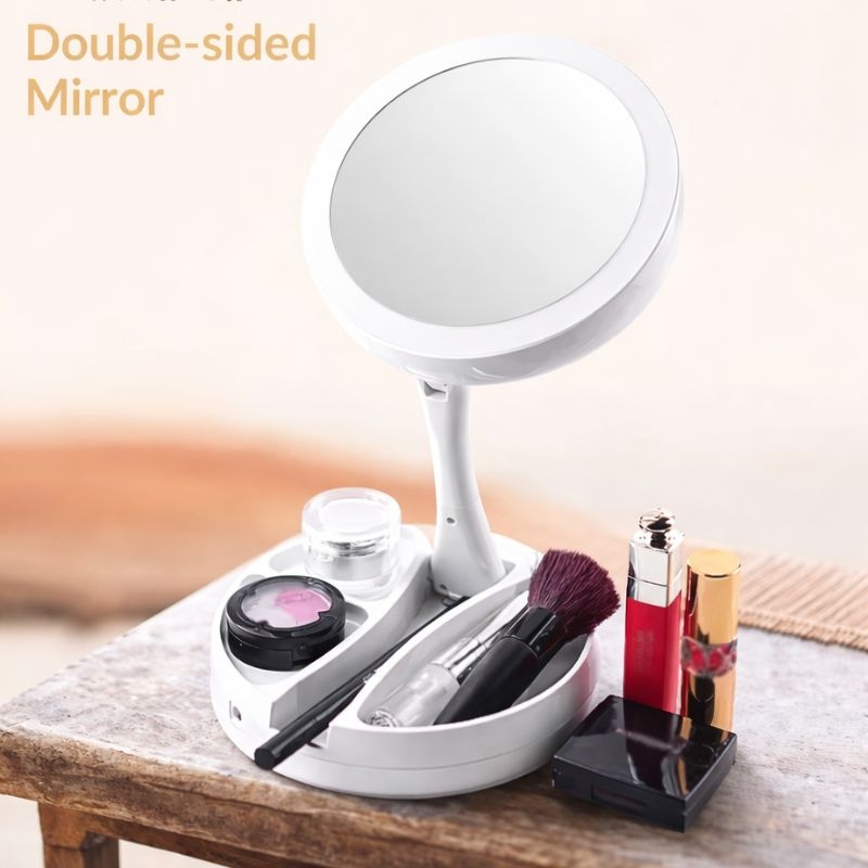 LED Makeup Mirror with Magnification & Storage Tray – Adjustable Table Top Makeup Mirror