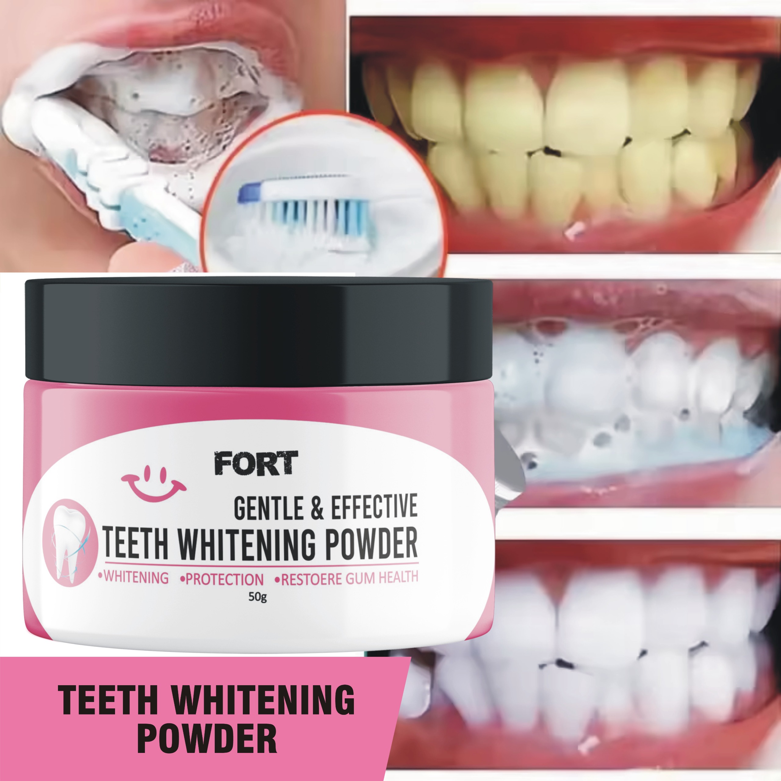 FORT Teeth Whitening Powder | Gentle & Effective Teeth Whitening Powder 100% Natural Strong Formula Dental Whitening Cleaning Powder | 50ml