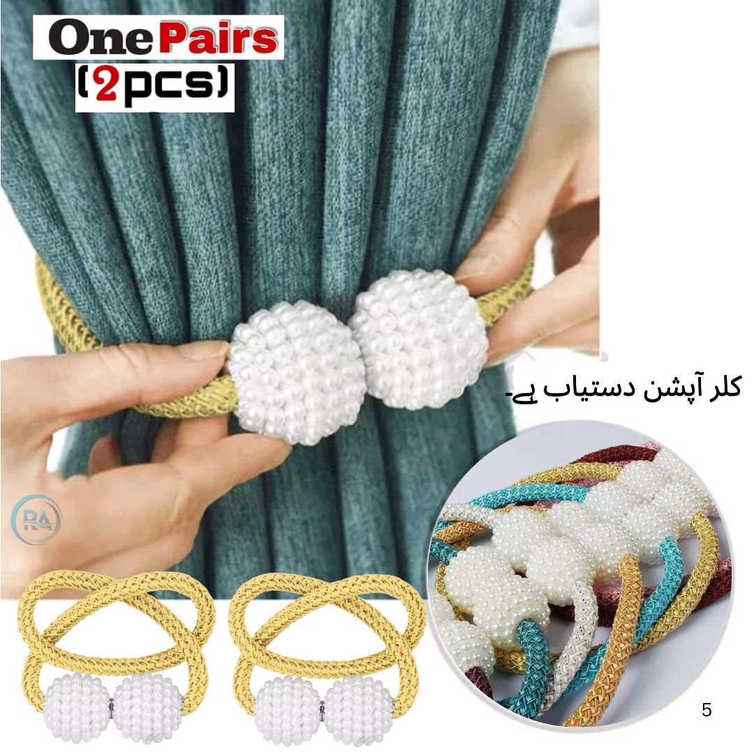 2 PCS Magnetic Pearl Curtain Buckle Magnetic Curtain Tiebacks Convenient Drape Tie European Style Decorative Weave Rope Curtain Rings & Buckles Holder for Window Sheer Blackout Draperies, Braided Straps Ball Buckles, Parday