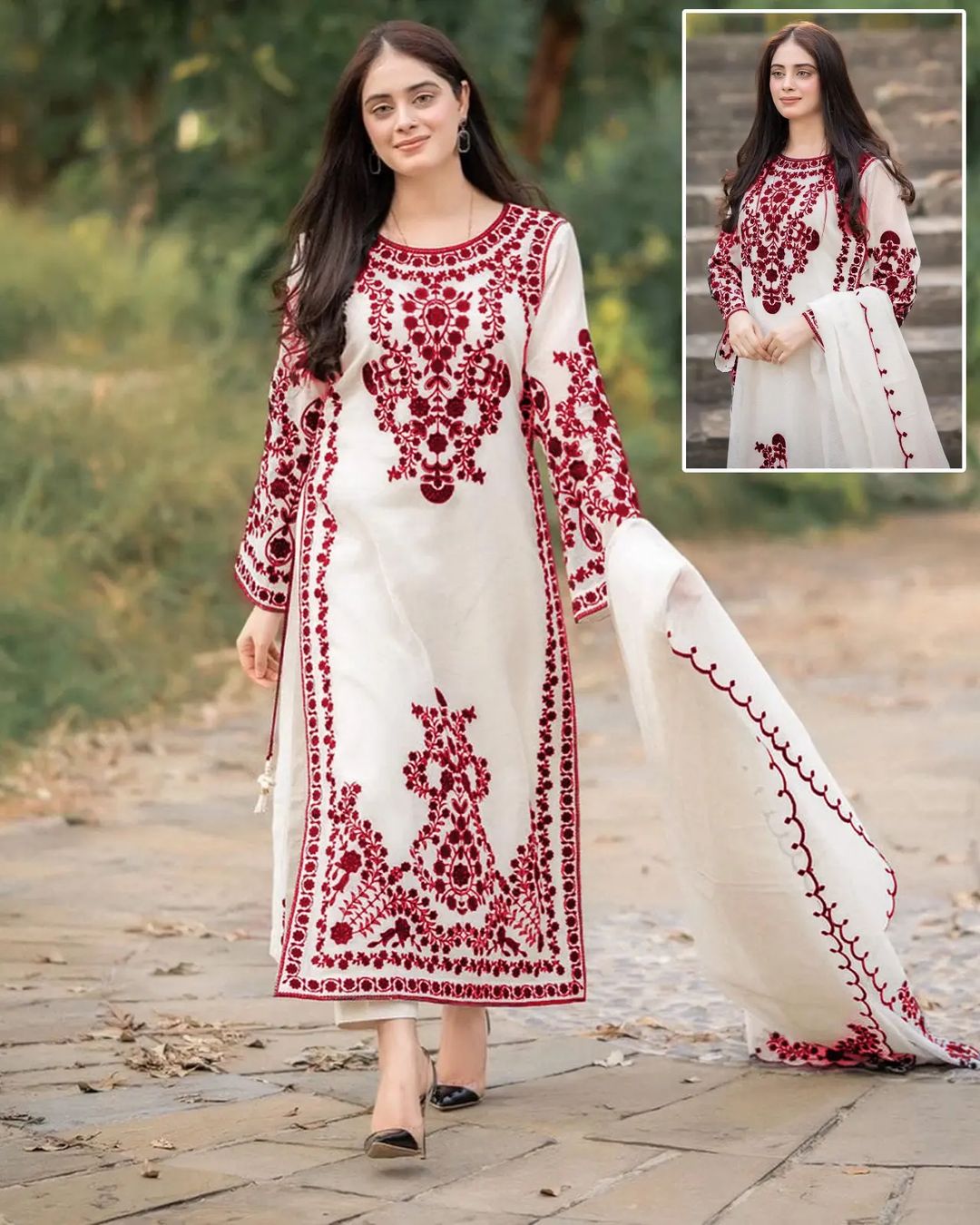 3Pc Party Wear Embroidered Suit For Women Summer Cotton Silk Fabric Wedding Formal Style Multiple Color