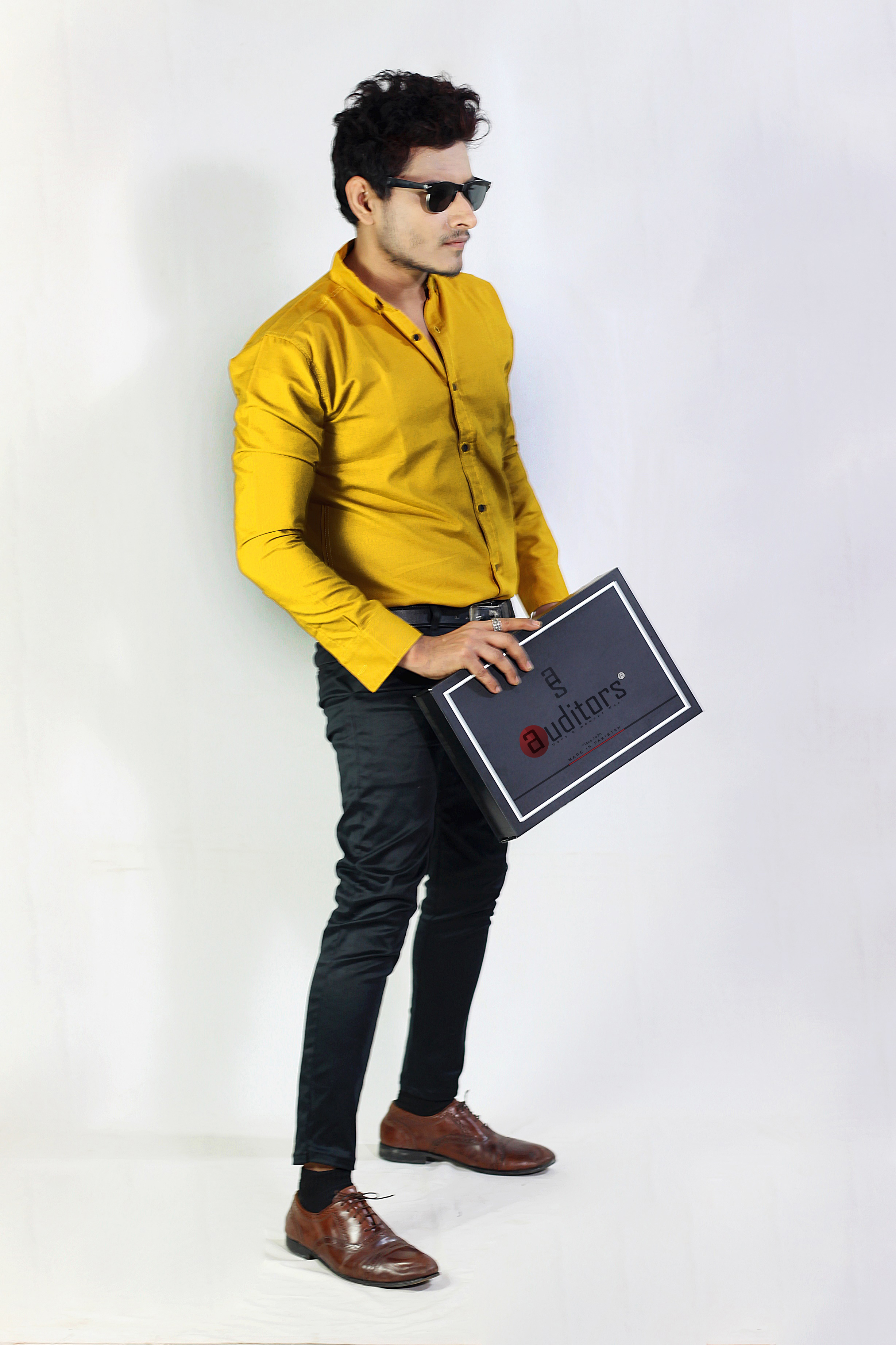 Auditors®️ Mens Semi-Formal Plain Cotton Chambray Shirt Mustard Colour 100% Pure Cotton Chambray Fabric - Code AMS-162