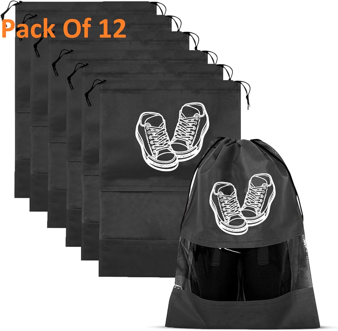 Pack of 12 - Travel Shoes Storage bag with clear window non-woven with PVC Bag