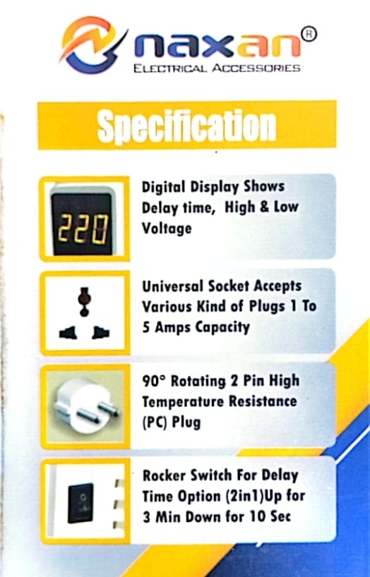 Naxan Automatic Electronic Voltage Protector 220V with Digital Display LED Fridge AC TV Voltage Guard Stabilizer High Low Voltage Protection Plug for Home Appliances