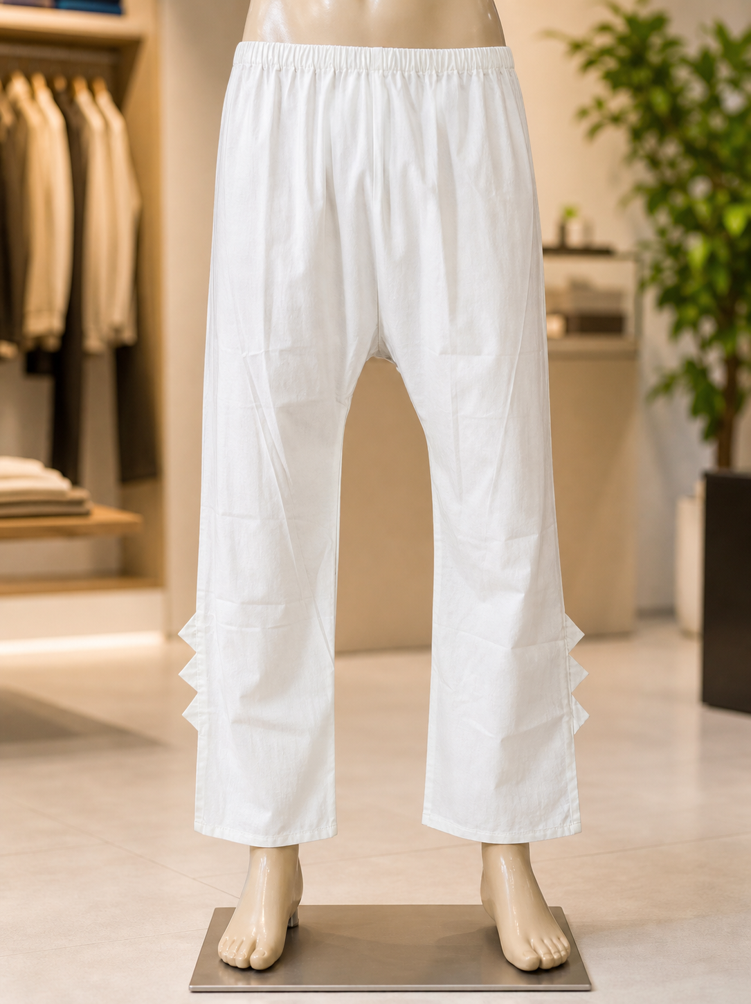 White Soft Cotton Trousers for Women & Girls Elastic Waist with Bottom Design
