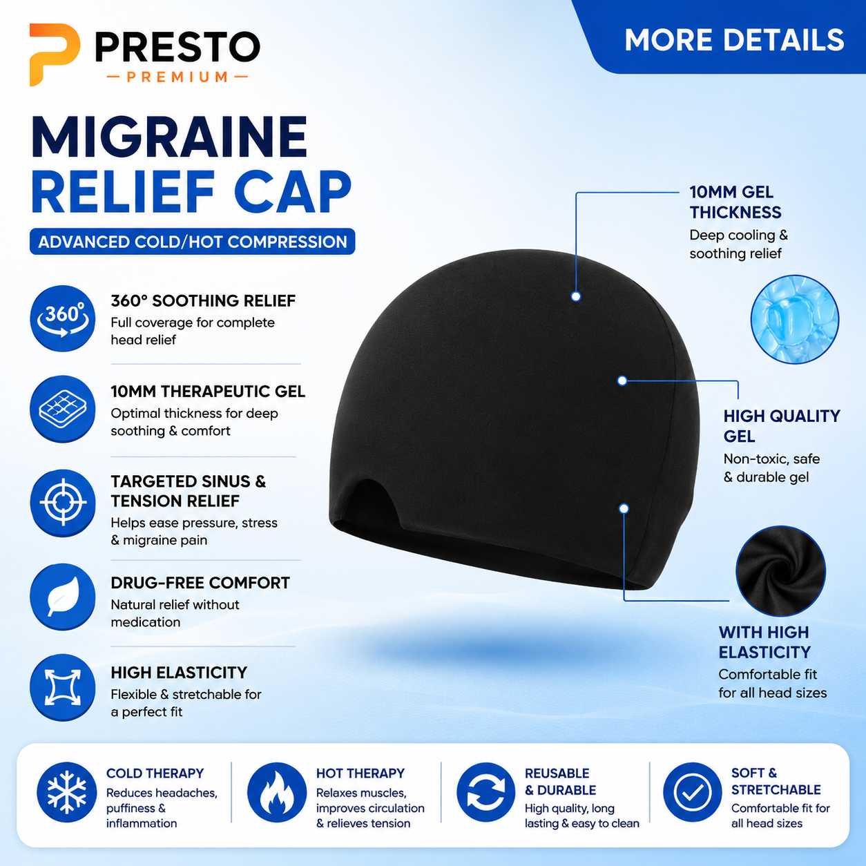 PRESTO Premium Migraine Relief Ice Cap – Reusable Hot & Cold Therapy Headache Relief Hat for Men & Women | Cooling Gel Head Wrap for Migraine, Stress, Sinus Pain & Relaxation