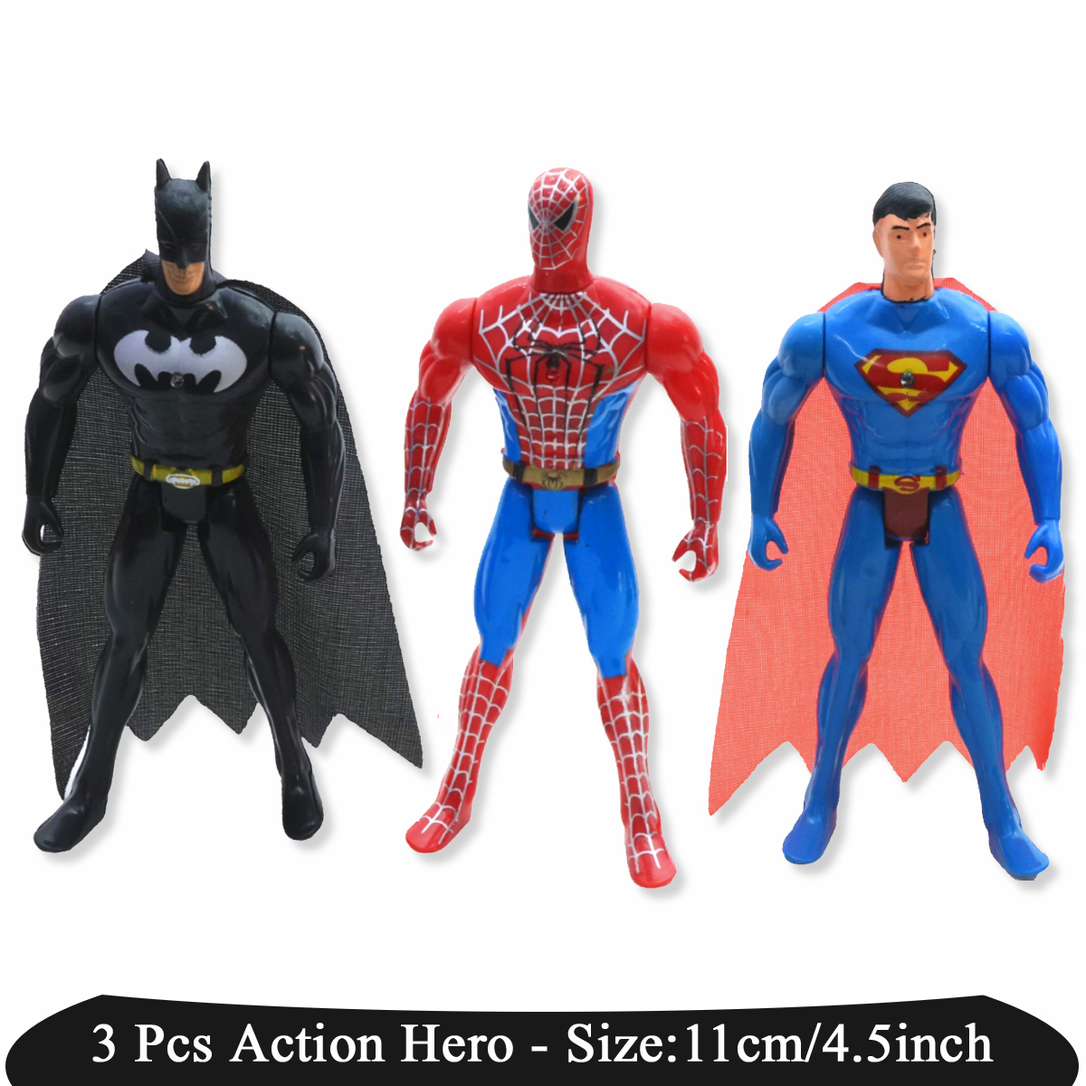 3 Pcs Set Size 4.5 inch - Avengers Marvel and DC Action Figures Superhero Toys Movable Head Arms Legs Moveable Super Hero Figure - Superman Spiderman Batman Toy - Size 11cm / 4.5 inch