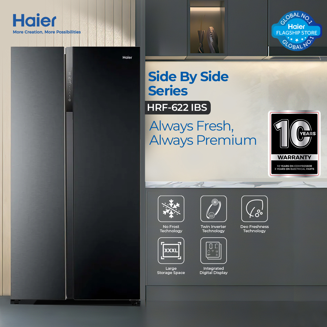 Haier 22 Cu Ft-Side by Side Digital Inverter- HRF-622IBS - Twin Inverter Technology - Digital Control Panel - Turbo Fan - Longer Freshness - DEO freshness - Inverter Compressor - Metal Doors - Black Colour - Refrigerator - 10 Years Warranty