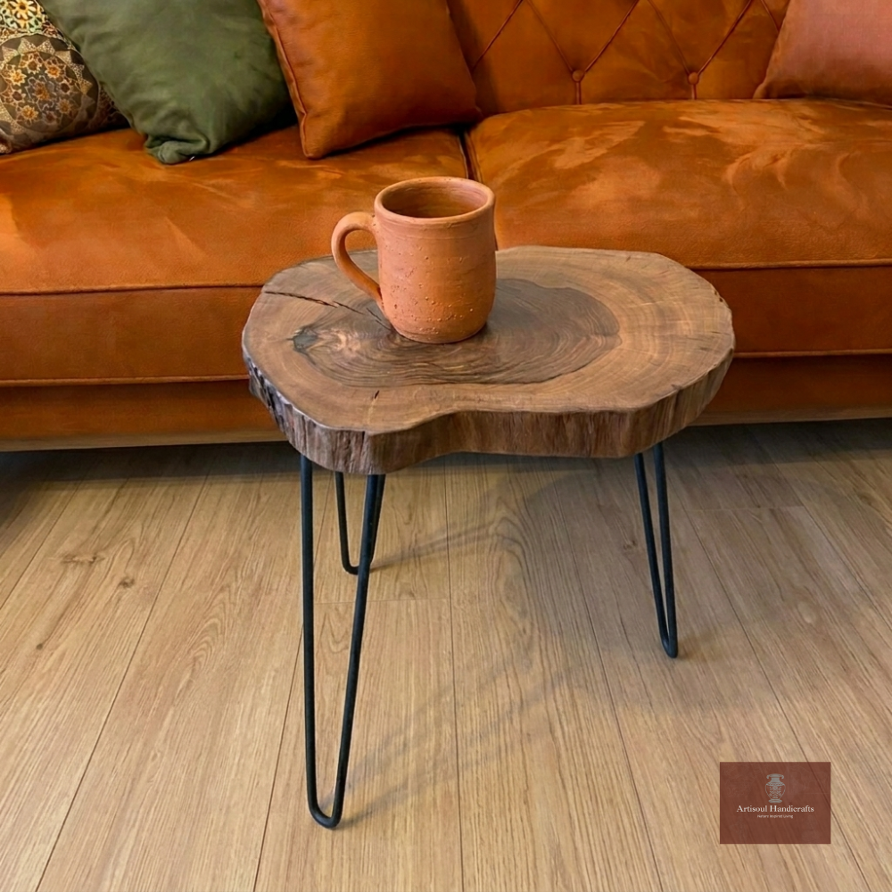 Small Round Side Table | Sofa Side Table & Bedside Table | Natural Live Edge Sheesham Wood | Metal Hairpin Legs | Drawing Room Corner Accent Table | Rustic Handmade Pakistan