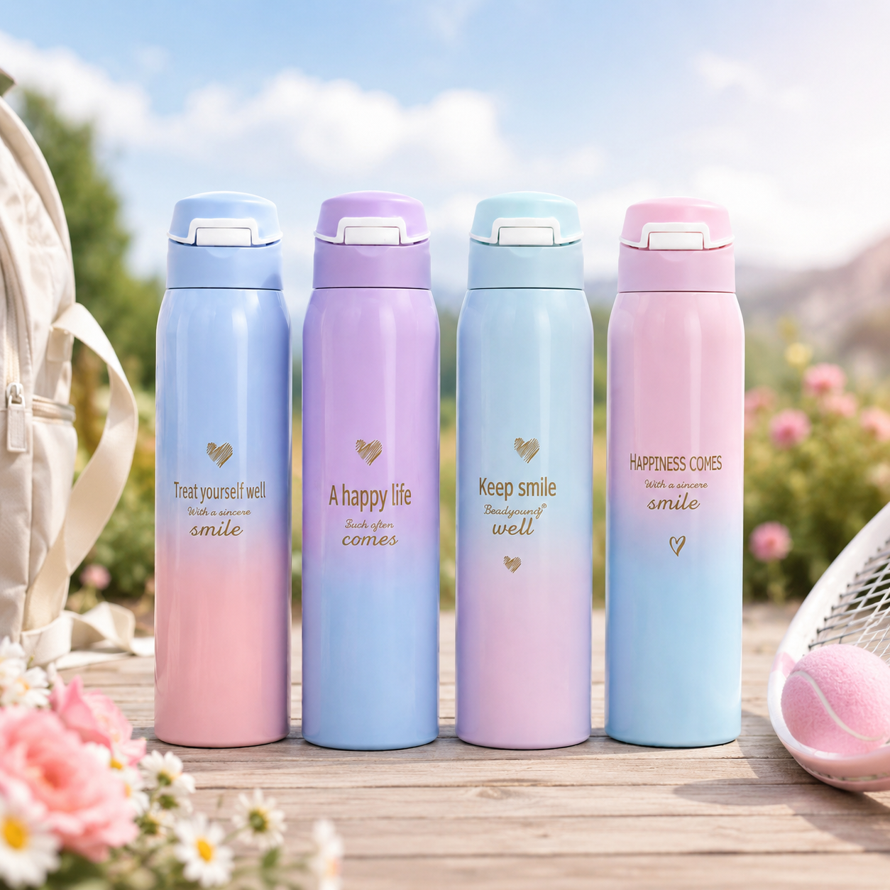 Beautiful Sports Water Bottle Stainless Steel Vacuum Insulated with Flip Straw Lid, Gradient Color Design, Leak Proof Double Wall Flask for Hot and Cold Drinks
