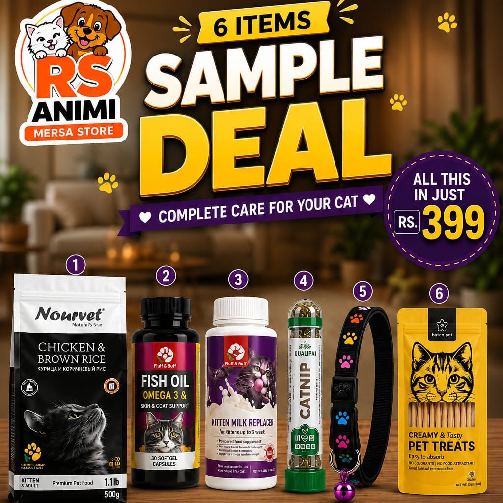 Cat Care Deal Pack 399 | Fish Oil,Treat,Collar,Milk Replacer,Cat Food,Niptube price in Pakistan