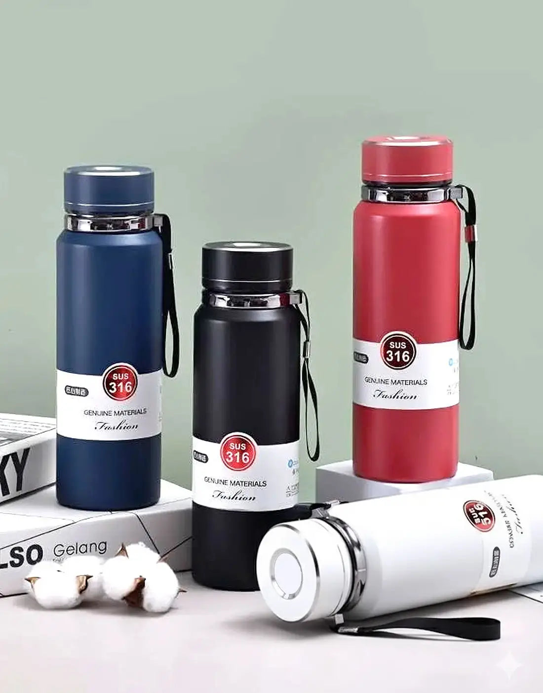 316 Stainless Steel Sport Bottle | Double Wall Vacuum Insulated Thermal Water Flask | Leak-Proof Hot & Cold Water Bottle with Carry Strap
