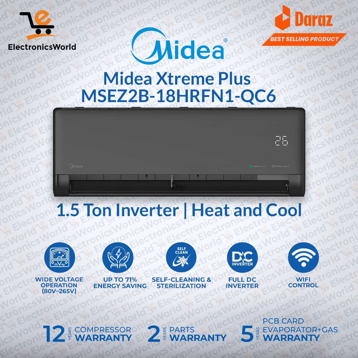 Midea 1.5 Ton Full DC Inverter AC | Model MSEZ2C-18HRFN1-QC6 Xtreme Plus Series | А++ Еnеrgу Сlаѕѕ | T3 Compressor | Heat & Cool | Up to 71% Energy Saving | WiFi Enabled | Self-Cleaning & Sterilizatio