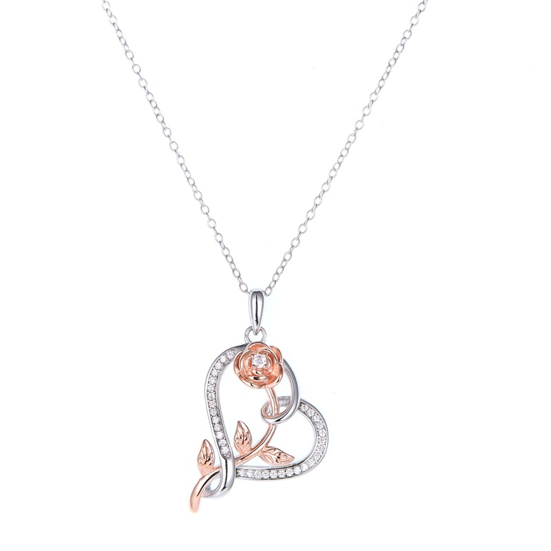 Heart & Rose Crystal Pendant Necklace for Women – Rose Gold & Silver Luxury Fashion Jewelry Gift
