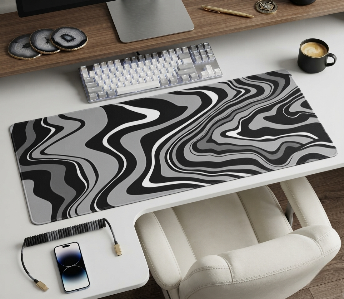 Large Extended Gaming Mouse Pad – Desk Mat with Abstract Red, Black & White Marble Design