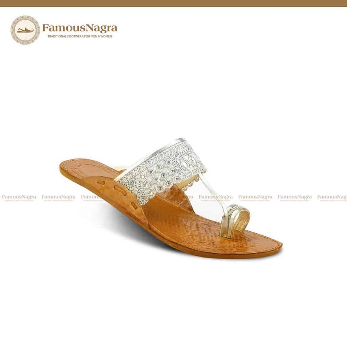Kholhapuri Chappal - Ladies - Embroidered - Brown - White - Leather Insole - Tyre Outsole - Genuine Leather - Art F-76