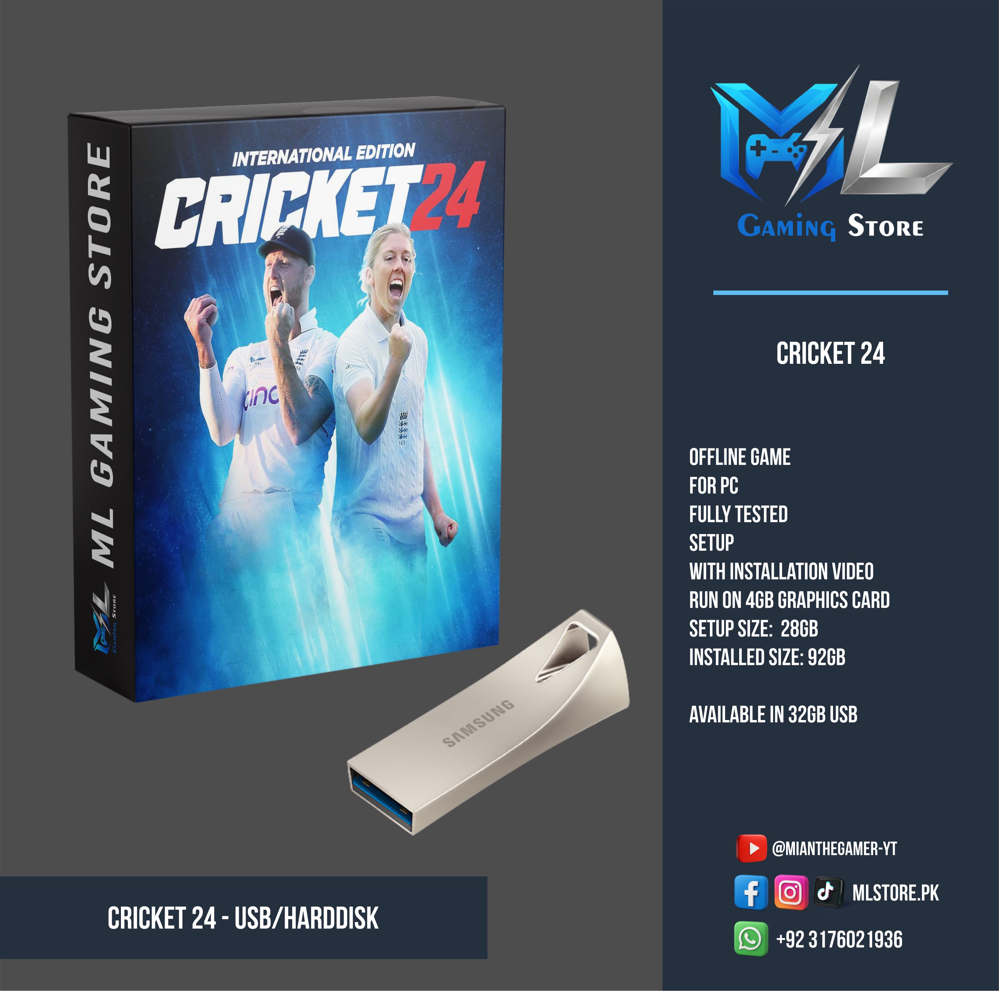 Cricket 24 PC Game - Full Game For PC - 32GB USB - Offline Game - Run On 4GB Graphics Card