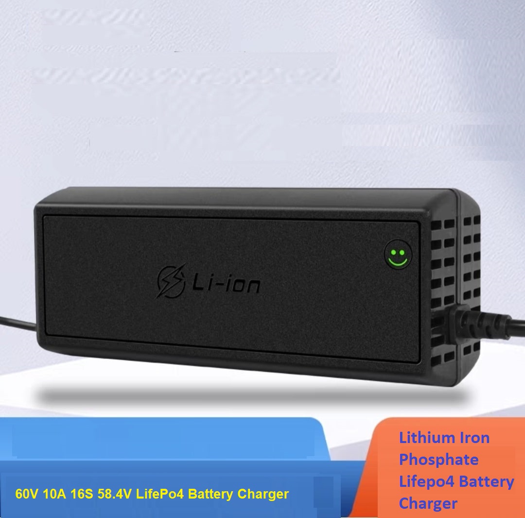 48V 10A Electric Bike Charger 58.4V 10A Lithium Iron Phosphate Lifepo4 Battery Fast Charger Self Stop Li-Ion Battery Intelligent Charger Output with Fan EU &Triangle Plug