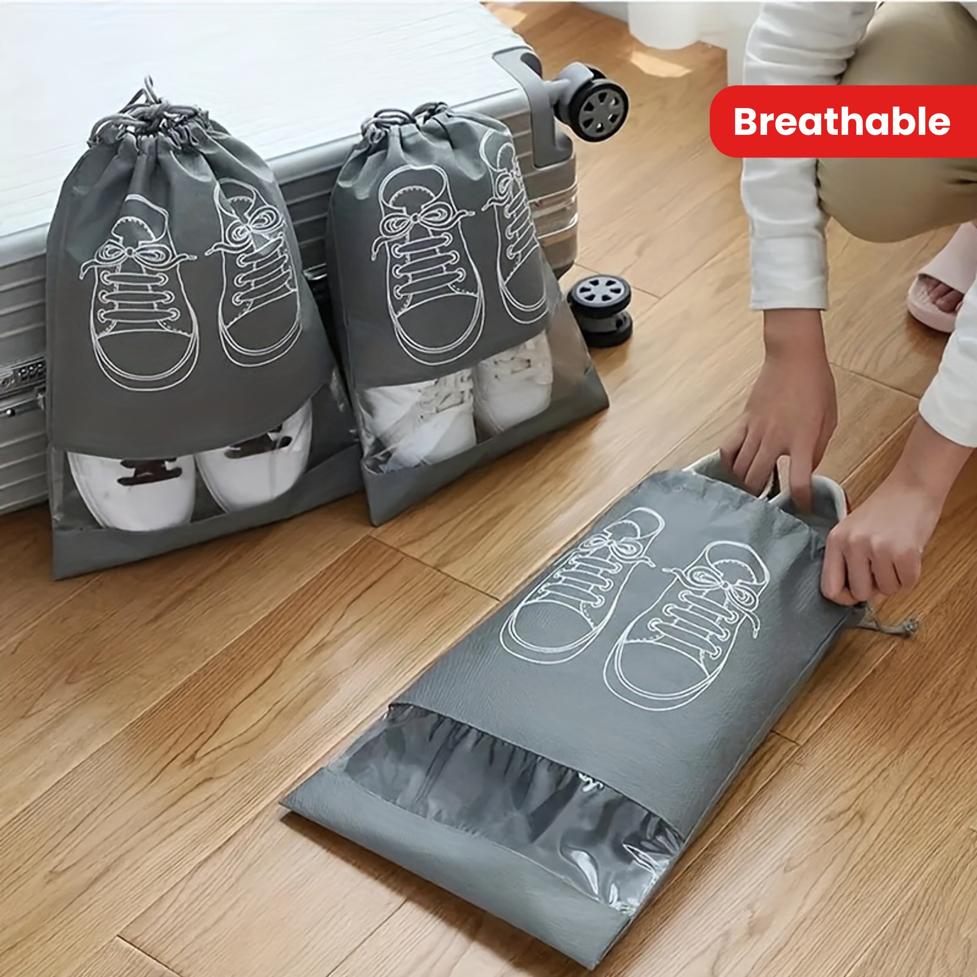 Printed Dustproof Shoe Organizer Travel Bag – Non-Woven Shoe Storage with PVC Clear Window & Rope Drawstring – Portable Luggage Shoe Pouch for Men & Women – Space-Saving, Lightweight Shoe Packaging for Home, Travel & Camping