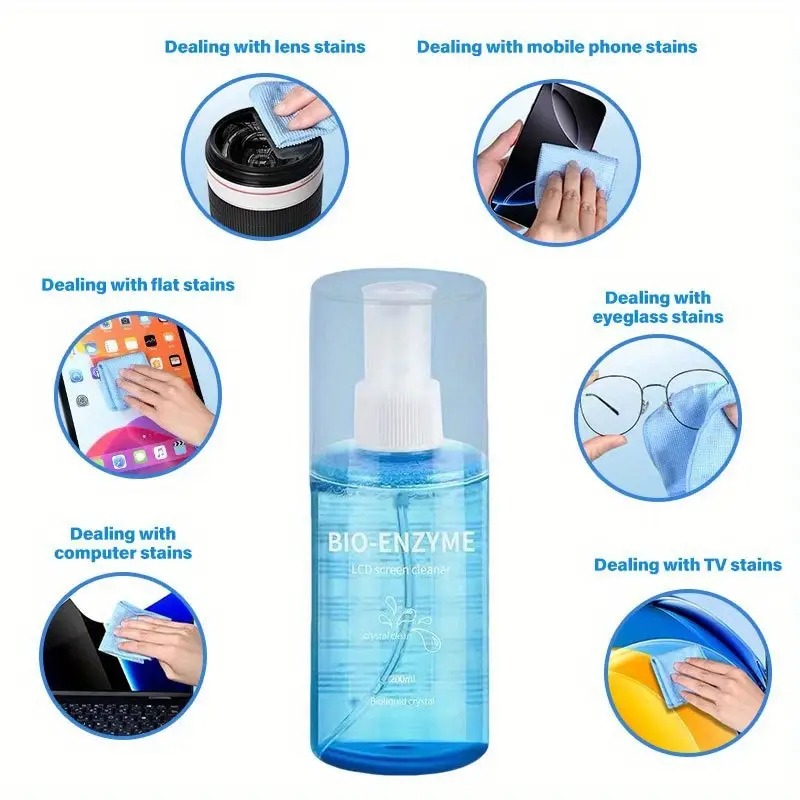 200ml Bio-Enzyme Lens Cleaner Kit with Microfiber Cloth & Soft Brush for All Digital Screens, Anti-Static & Streak-Free