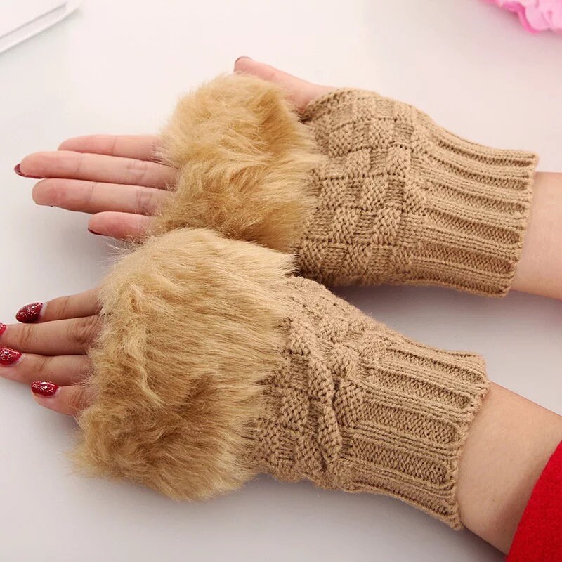 Women Gloves Plush Faux Knitting Wool Keep Warm Fashion Short Mitten Fingerless Girl Half Finger Winter Warm Glove