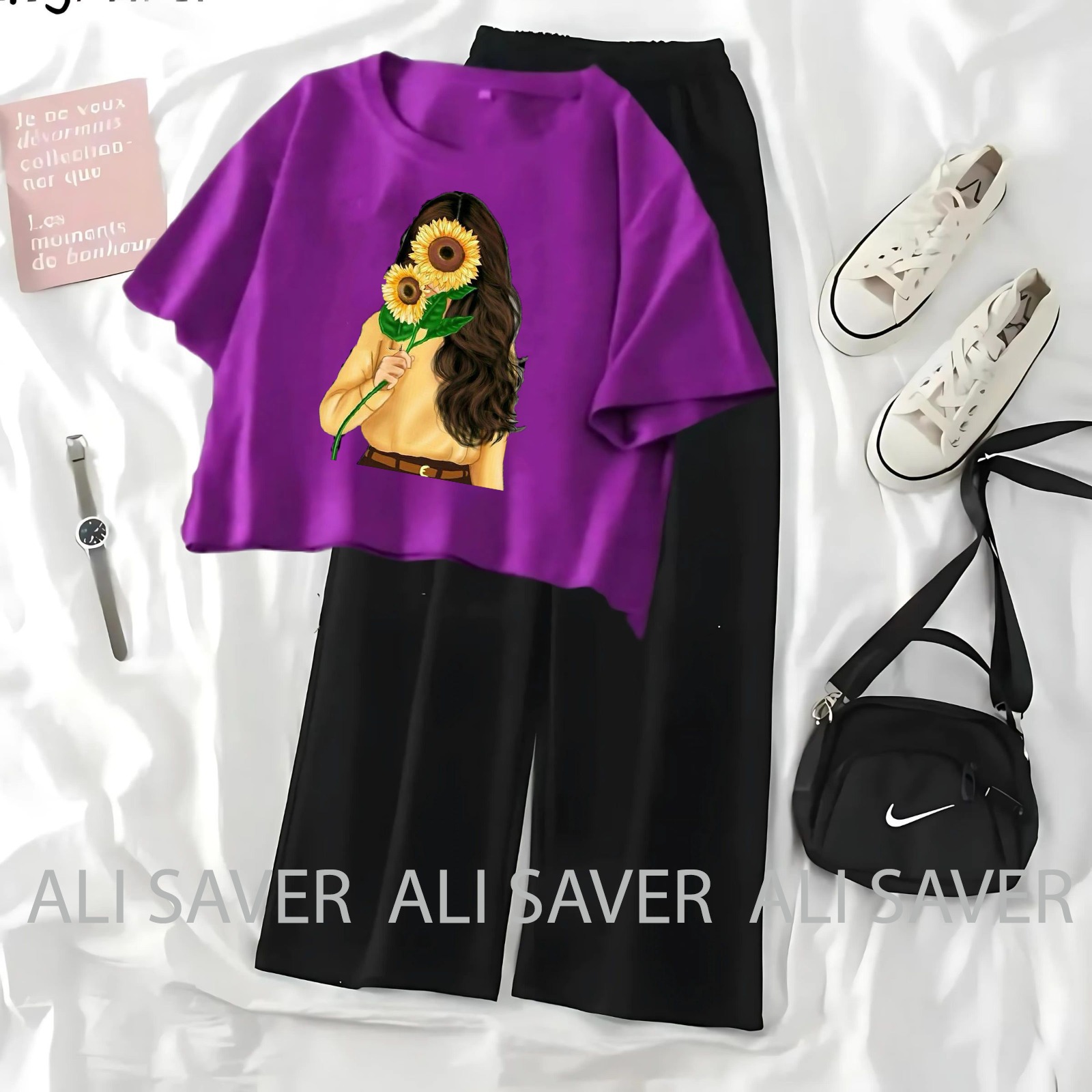 ALISAVER-Crop Top Casual Suit For Women and Girls High Quality Tshirt and Black Flapper