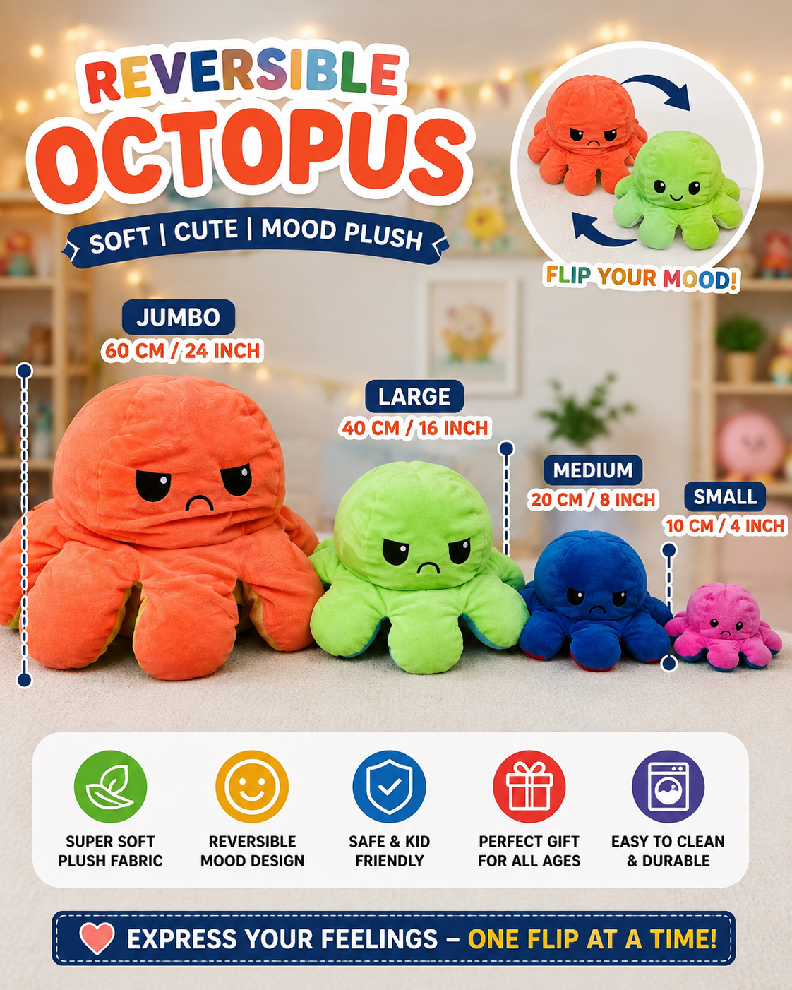 Reversible Octopus Plush Toy | Flip Mood Soft Stuffed Animal | Cute Double-Sided Emotion Plush | Random Color | Small Medium Large Jumbo