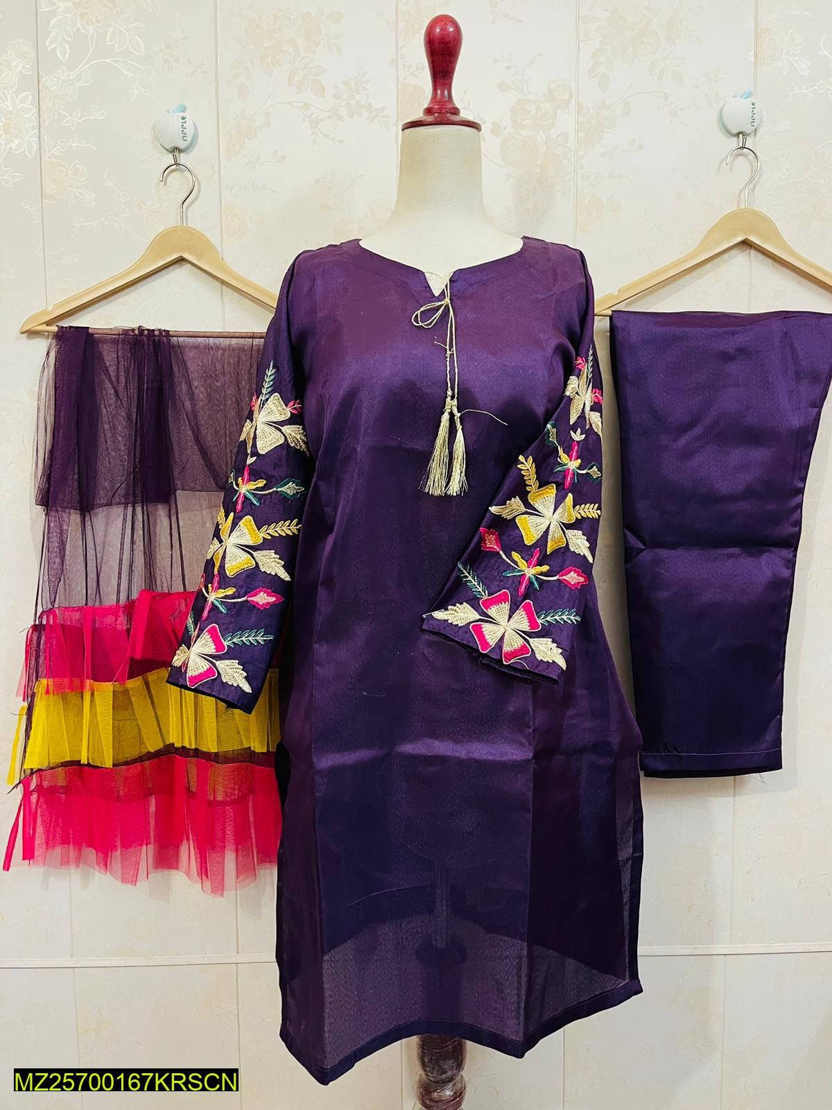 Katan Silk Fancy Net Dupatta Embroidery Three Pieces For Girls