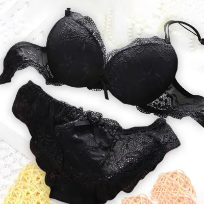 ECHIDNA Sweat-wicking Bra Panty Set 2pcs Women Underwear Set Lace Push Up  Deep V Neck Solid Color Soft Padded Wire Bow-knot Back Closure Lady  Intimate
