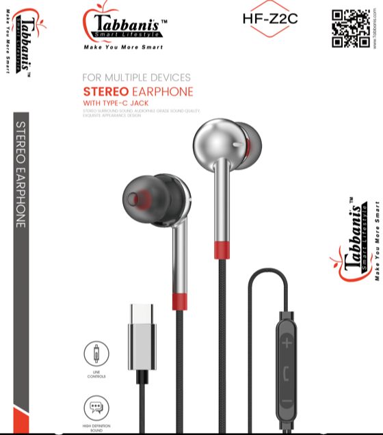 TABBANI'S TYPE'C' JACK/ 3.5MM PIN HANDSFREE - SMART 3D STEREO COPPER SOUND EARPHONE - CLEAR & TRANSPARENT MIC - CLEAR CALLING - VOLUME CONTROLLER - HANDSFREE - 1.2METER - Gaming Handsfree - HF-Z2/HF-Z2C - EASY TO CARRY - Easy To Use - For Travel And Tours