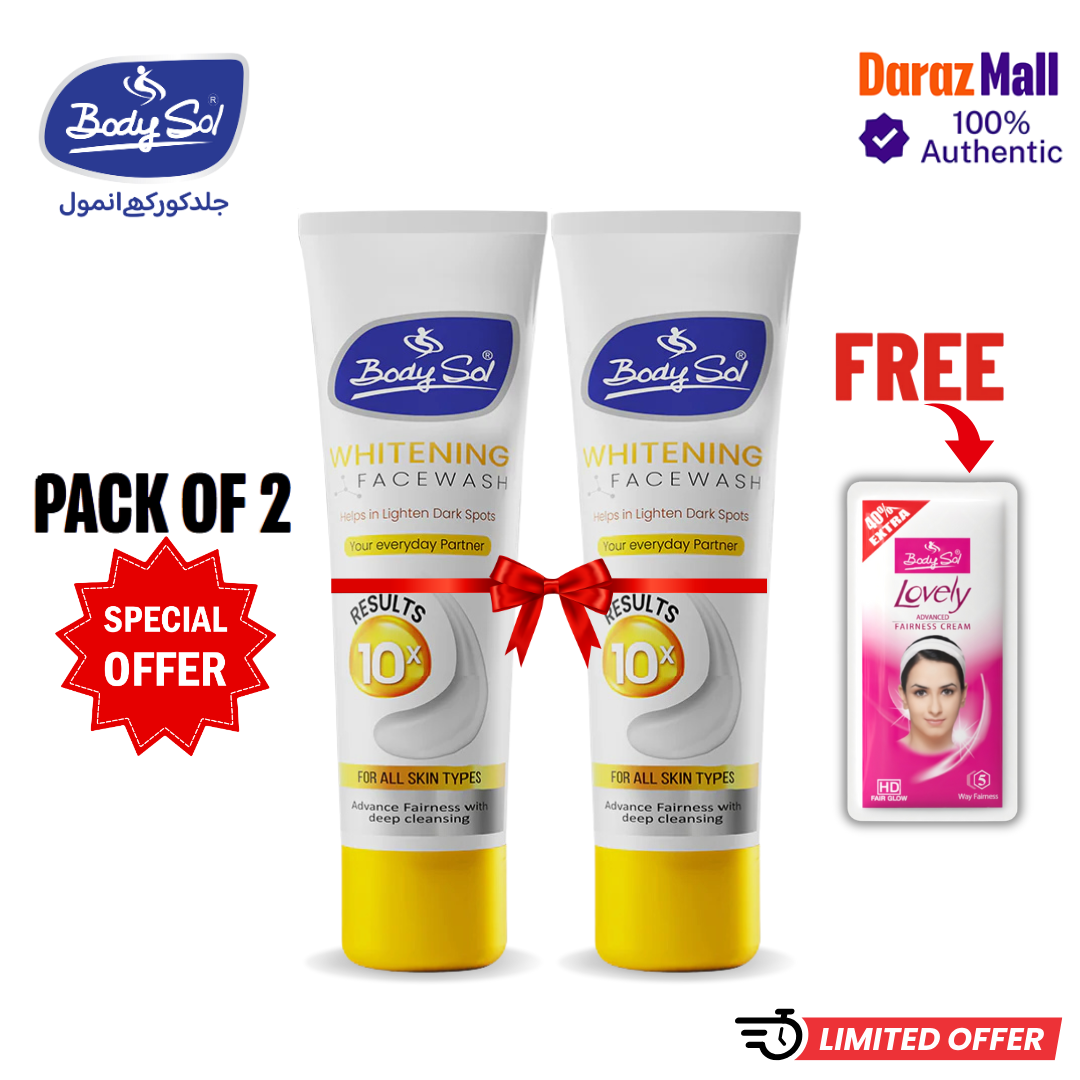 Pack of 2 Body Sol Whitening Face Wash for Men & Women - Brightening Formula for Even Tone & Radiant Glow - Reduces Dark Spots - Daily Use for Smoother, Healthier-Looking Skin | Best Face Wash in Pakistan | 100% Original | for Girls & Boys | 100ml