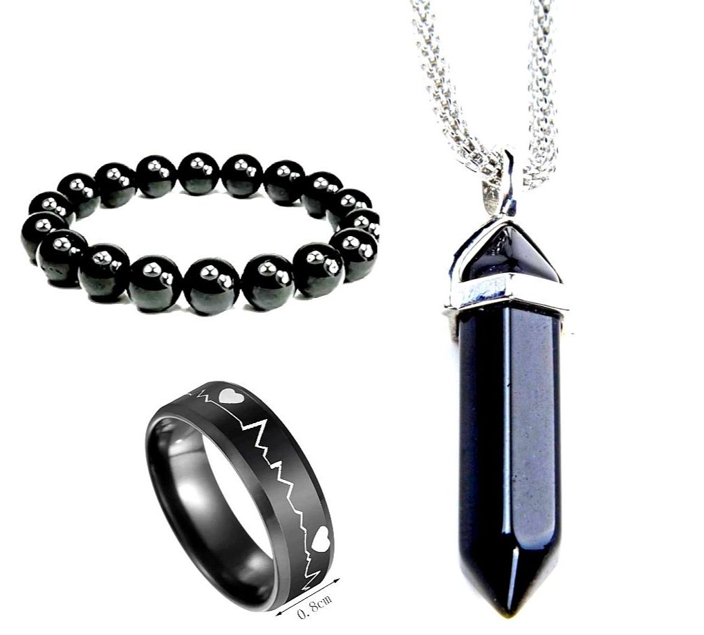 PACK OF 3/CLASSIC  JEWELRY DEAL FOR BOYS AND GIRLS -FASHION BLACK OBSIDIAN STONE NACKALCE +BLACK STRETCH BEAD BRACLET +BLACK TITANIUM STAINLESS STEEL HEART BEAT RING FOR BOYS AND GIRLS BEST VELANTINE GIFT FOR UNISEX