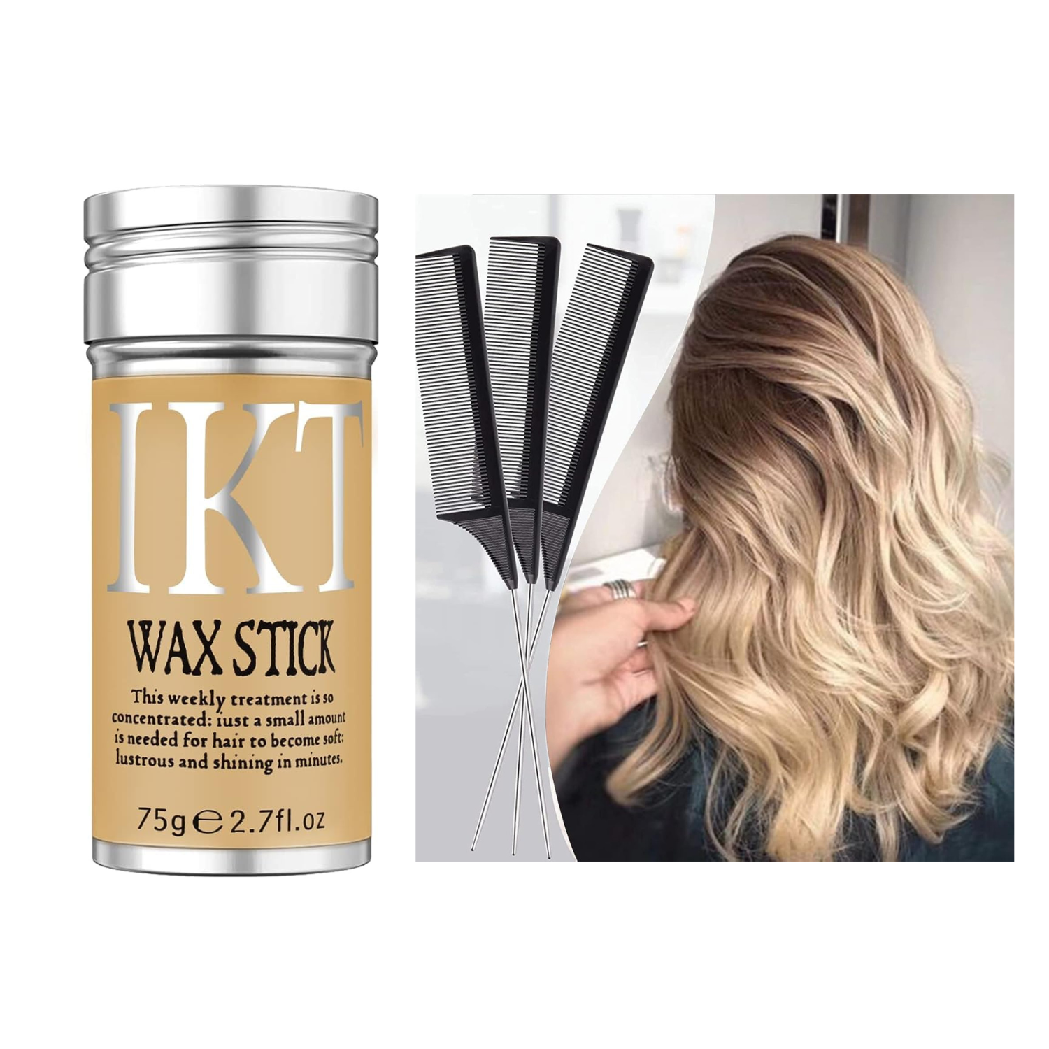 IKT Hair Wax Stick with 8.8 inch Tail Comblack Carbon Fiber And Stainless Steel Pintail - Anti Static for Styling - Non-greasy Pomade for Women's Flyaways and Edge Frizz | Slick Stick for Frizzy Hair