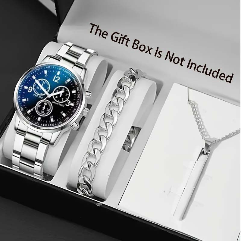 Pack of 3 Silver, Golden & Black Watch Gift pack, Chain Bracelet, Bar Locket Set watch for Men/Boys - Gift Pack