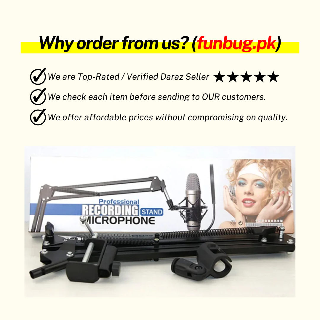 FunBug Professional Metal Scissor Arm Microphone Stand - Adjustable Desk Mount Boom Suspension Arm Stand for Studio, Office, Gaming, Streaming, Podcast - Mic Holder with Clamp for BM800 Condenser Microphone & All Other Mics - Black