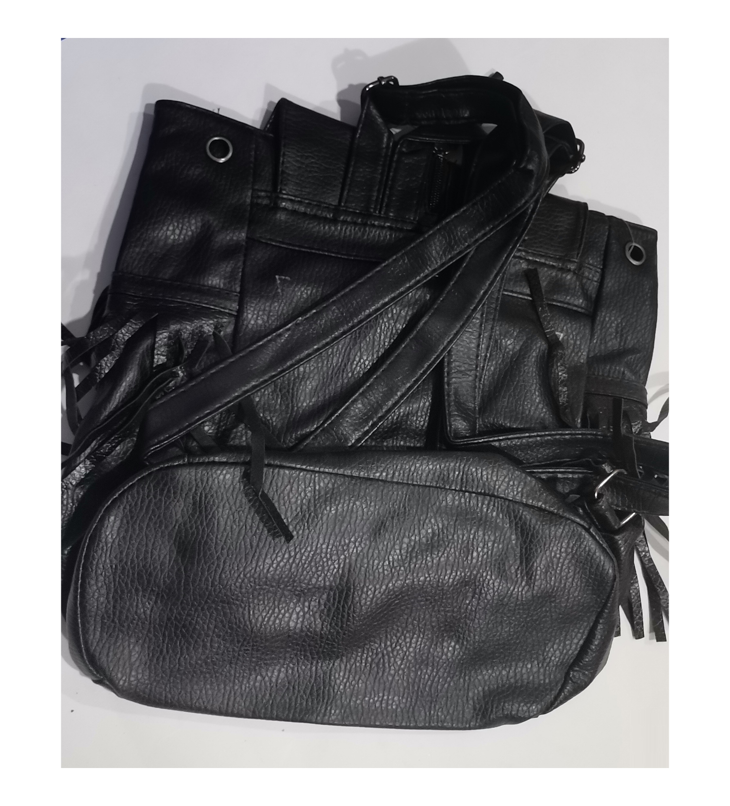 Stylish Black Faux Leather Backpack For Women - Textured Leather Bag Drawstring Daypack Medium