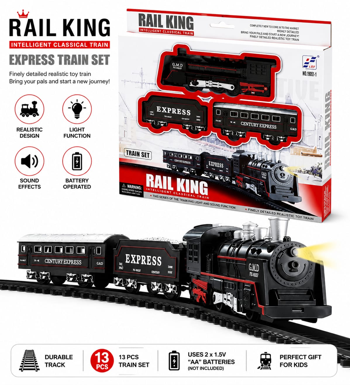 Rail King Classic Train Toy Set with Light & Sound, Battery Operated, Educational Play Vehicles for Kids