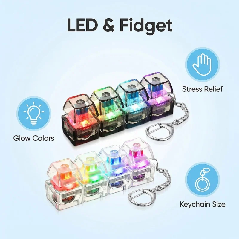 LED Light RGB Keyboard Keychain Fidget Toy Clickable Button Stress Relief Desk Accessory Office Decor Anxiety Relief