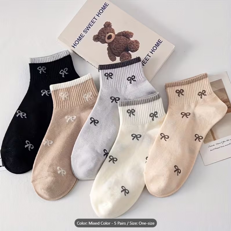 Women’s Soft Cotton Striped Bowknot Ankle Socks | Breathable No-Show Socks | Sweat Absorbing Stylish Daily Wear(random colour & design)