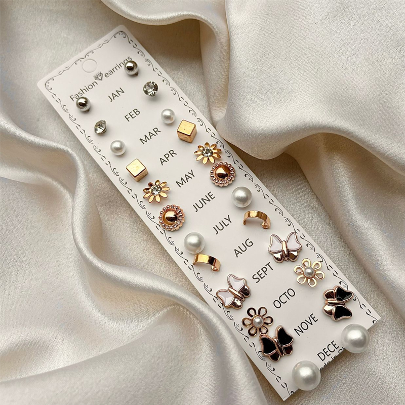 12 Pairs Diff Style Ear Stud Earrings Korean Fashion Cute Small Stud Earring Set Casual/Office Wear Earring Tops Stone Pearl Kaan ke Tops Latest Trendy Ear Rings for Women & Girls
