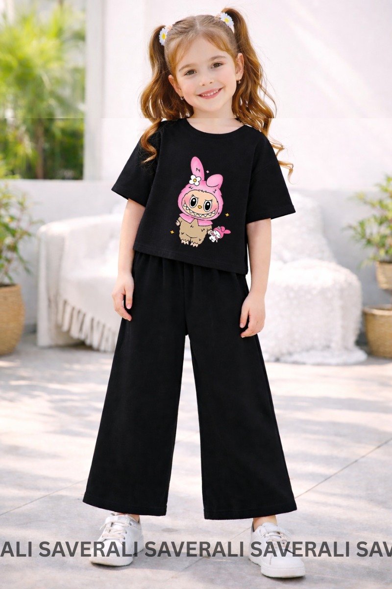 Eid Collection Kids Girls Labubu Printed T-Shirt & Flapper Suit | Soft Cotton | Cute & Comfortable | Ages 3–10 Years