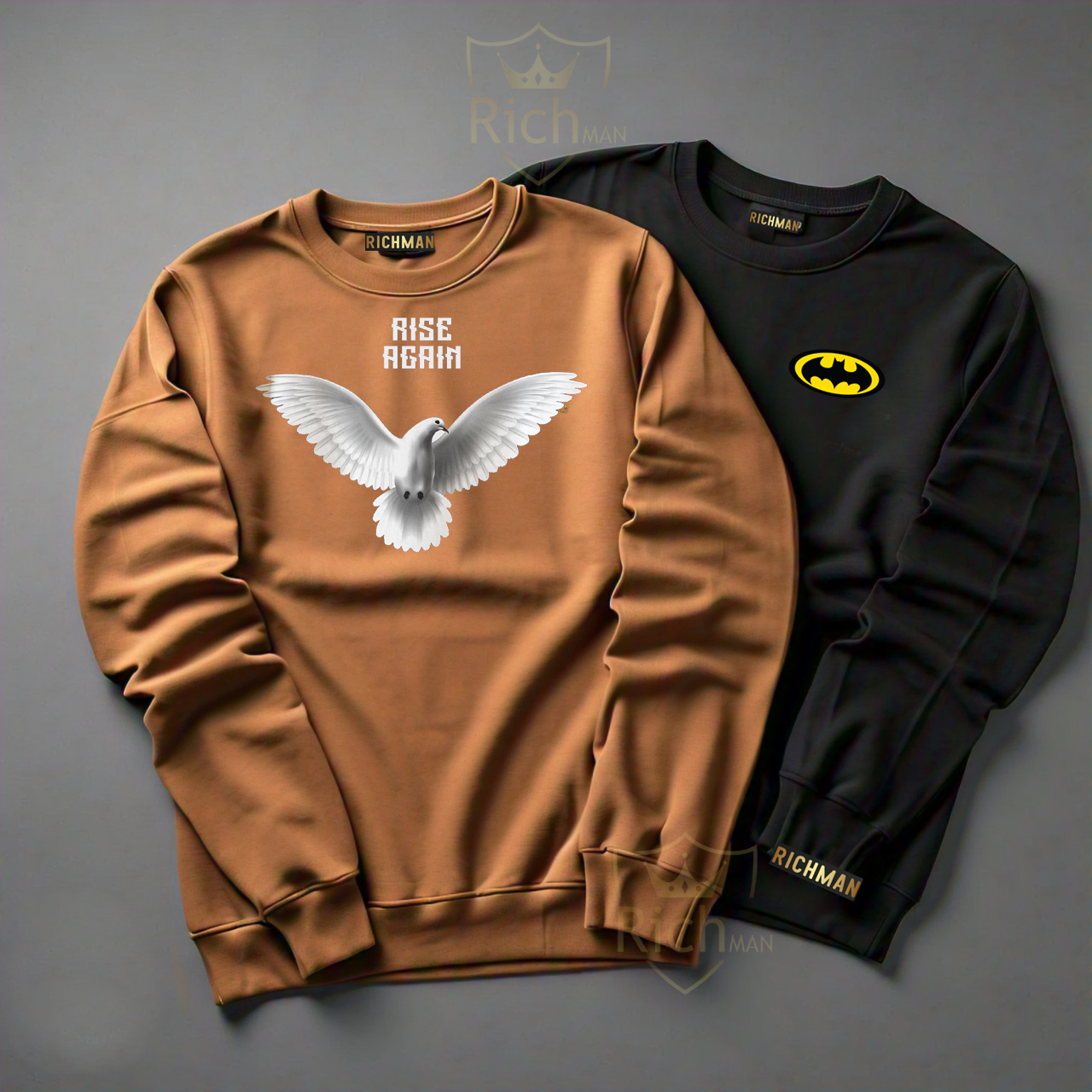 RichMan_Winter Pack of 2 Premium Rise again print and batman print Full Sleeve sweatshirt  For Men and Women's 2 shirts