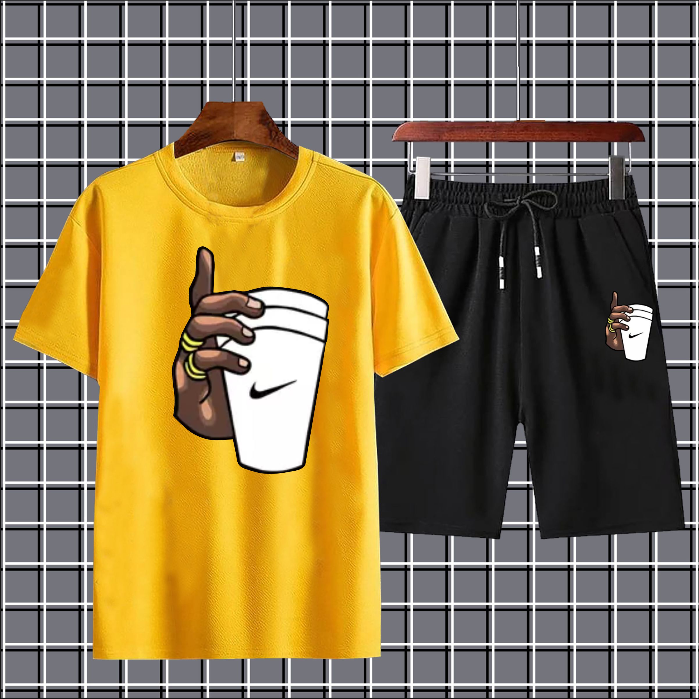 hand cup with coffee printed summer short tracksuit for men