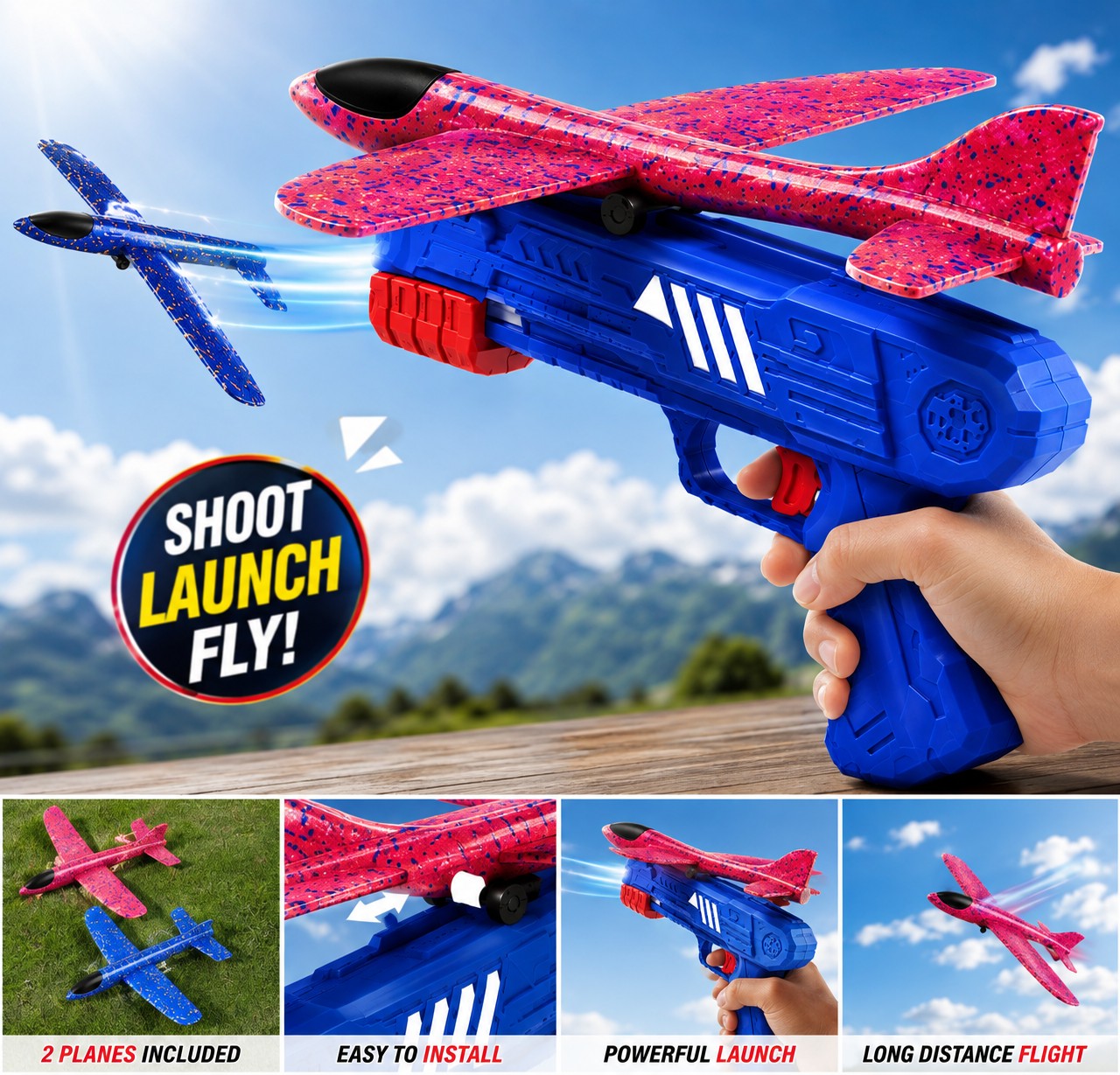 Airplane Launcher Toys, 2 pcs One Click Foam Glider Plane For Birthday Gifts, Flying Bubble Airplane Toys For Boys and Girls Kids 3+