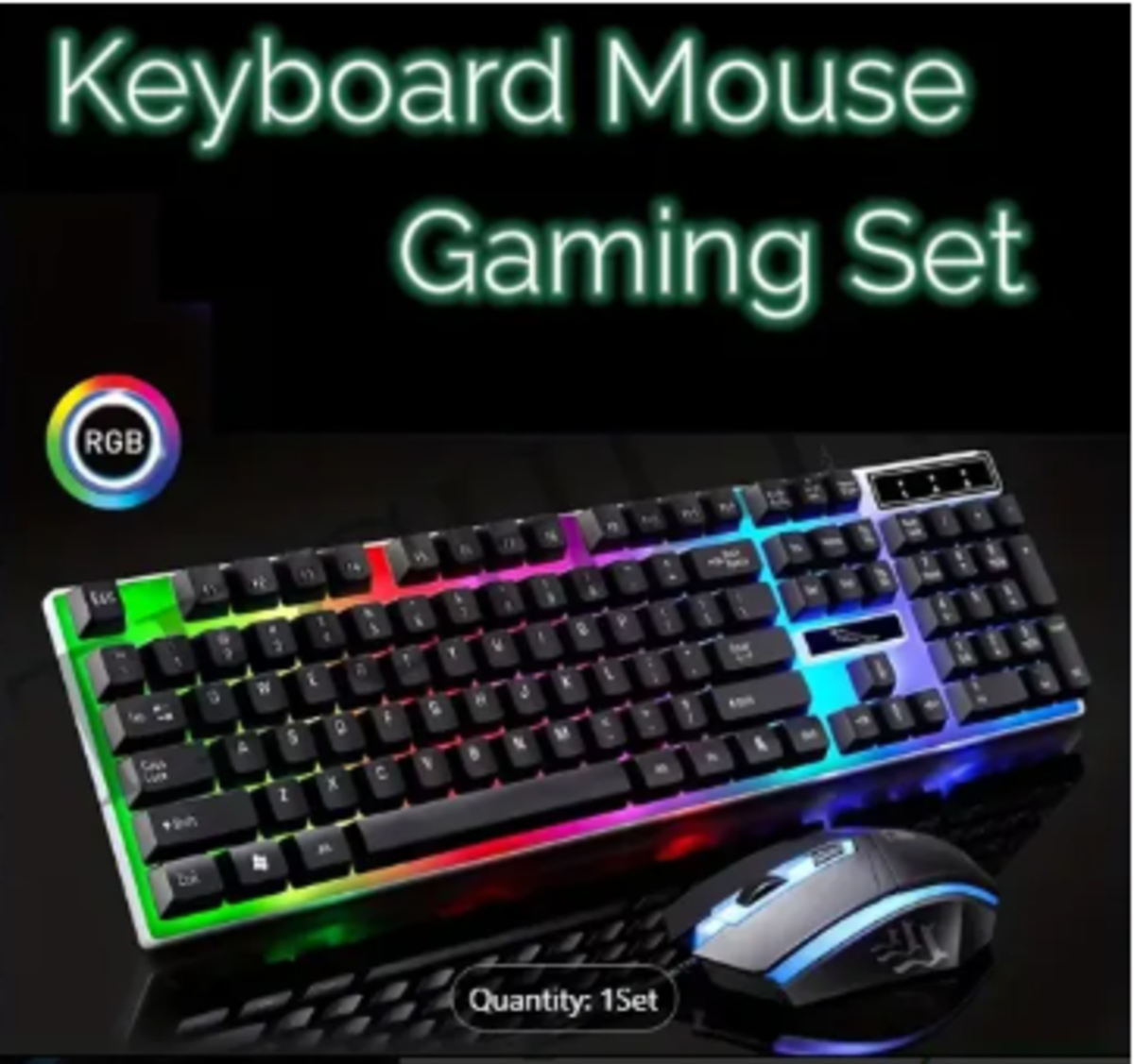 RGB Gaming Keyboard & Mouse Combo - 7 Colour Wired RGB Mouse and Keyboard Set - USB Wired Pack For PC & Laptop - Black & White