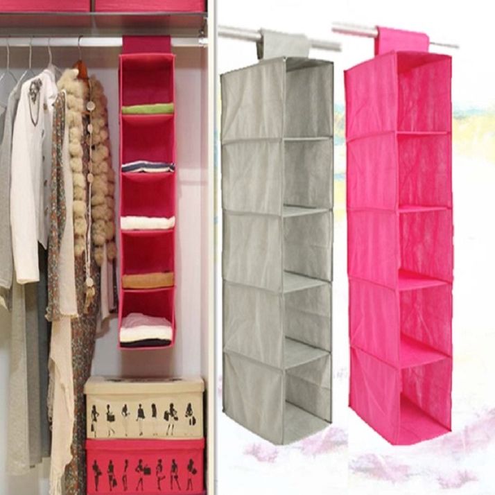 HANGING CLOSET ORGANIZER - Wardrobe Cloth Garment storage Organizer 5 Layers Shelf Foldable Clothing Storage bag Rack Shelves bags Wardrobe box Section Storage Closet Organizer Shoe organisers Clothes Garment multicolors
