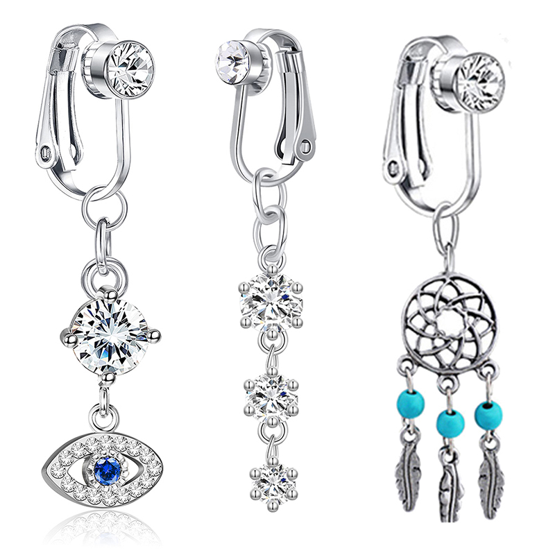 thumbnail image 2 of 3Pcs Fake Belly Button Rings - Clip On Non Piercing Belly Ring For Women, Stainless Steel With CZ, Belly Piercing Jewelry 2 of 12